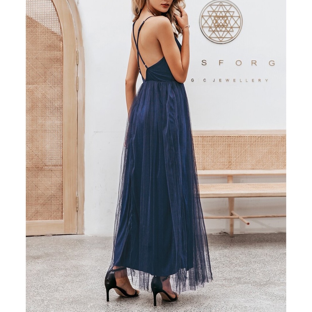 Navy Blue Criss Cross Back Mesh Elegant Maxi Dress - Picture 2 of 11